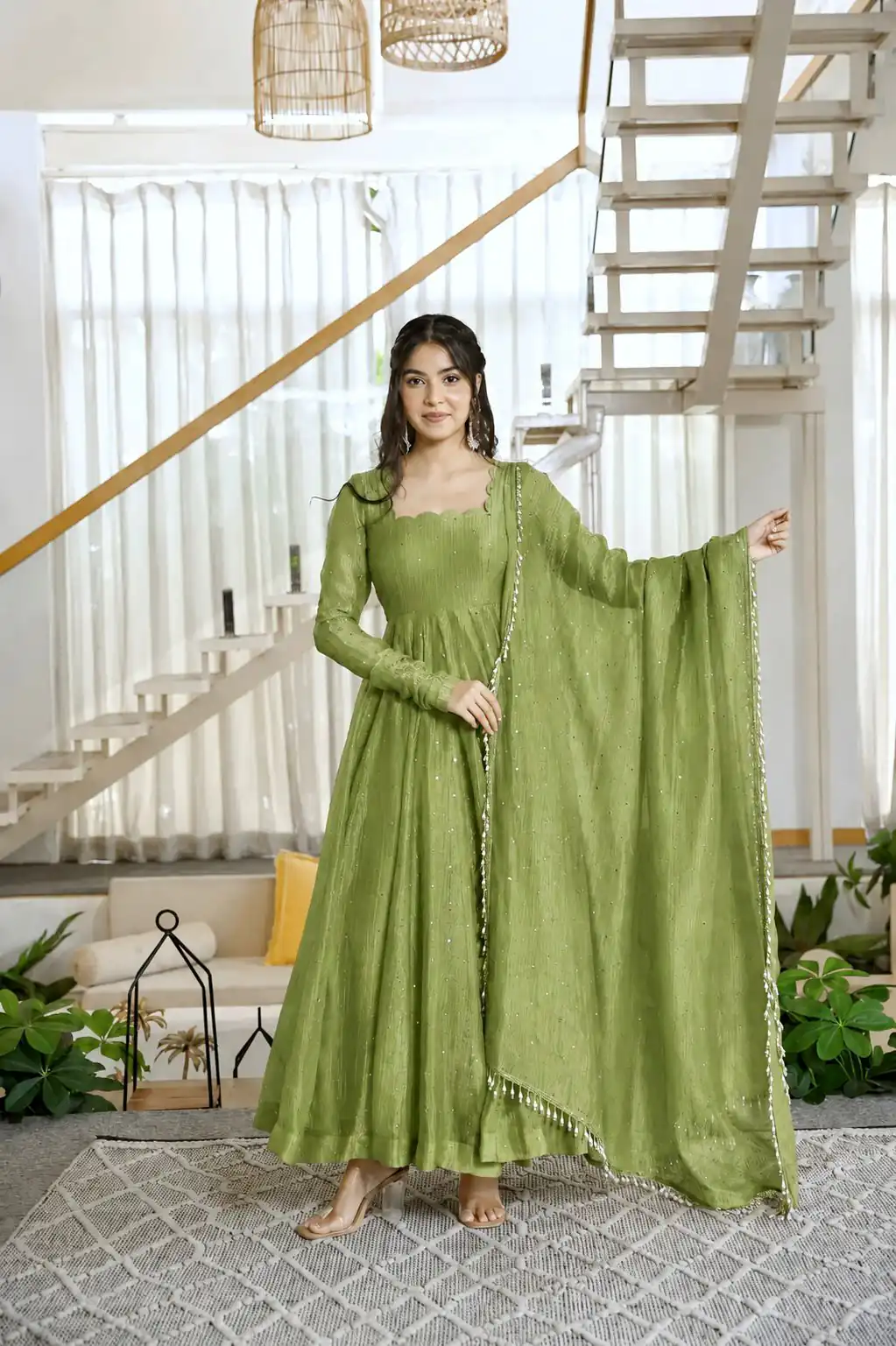 Pretty Green Salsa Silk Embroidery Work Gown - Image 2