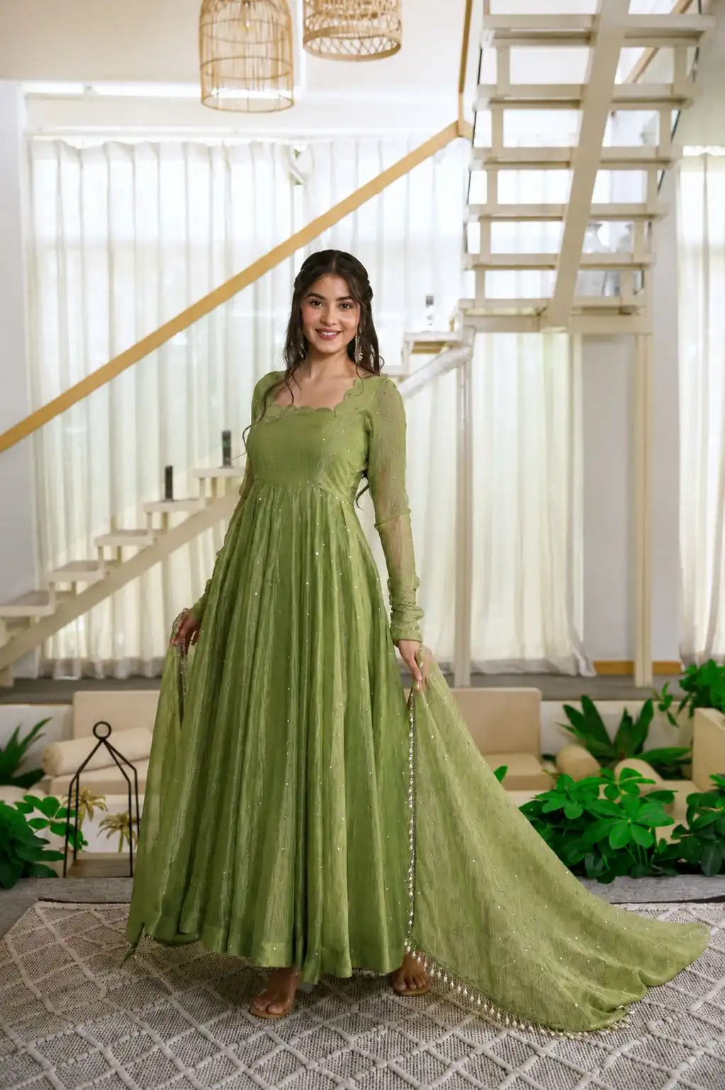 Pretty Green Salsa Silk Embroidery Work Gown - Image 7