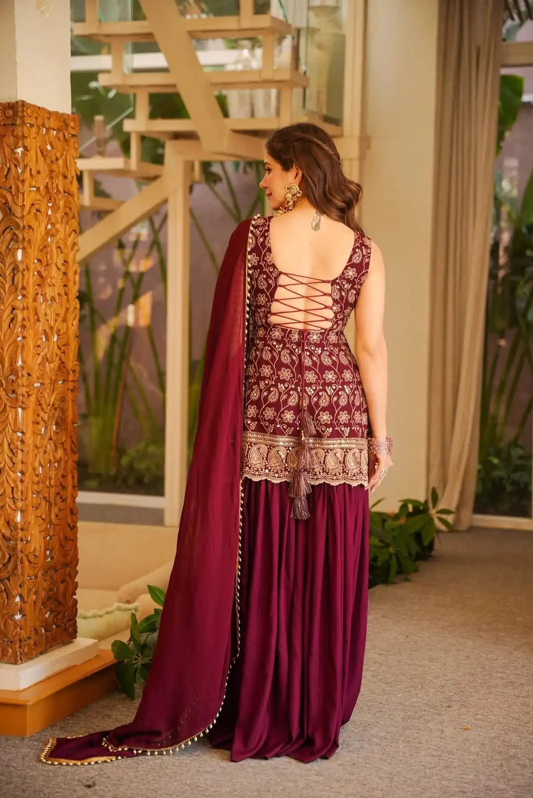 Pretty Maroon Faux Georgette Sequences Work Salwar Suit - Image 3