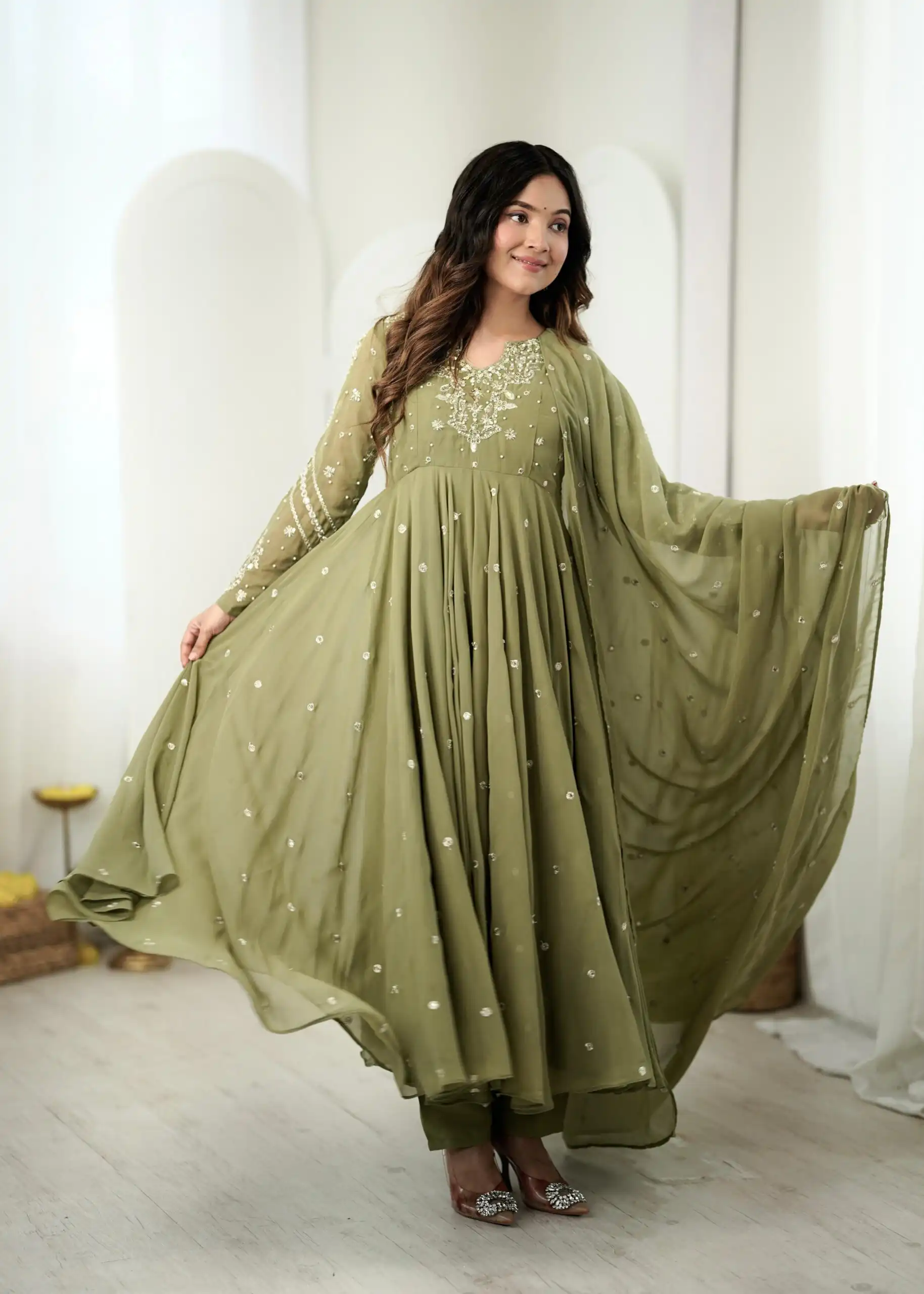 Pretty Sage Green Faux Georgette Embroider Work Salwar Suit