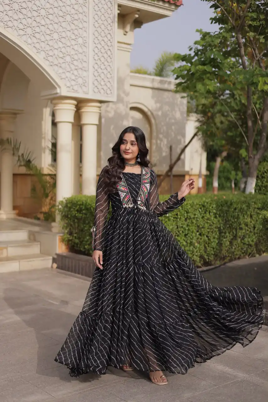 Shiny Black Faux Georgette Laheriya Print Work Gown - Image 4