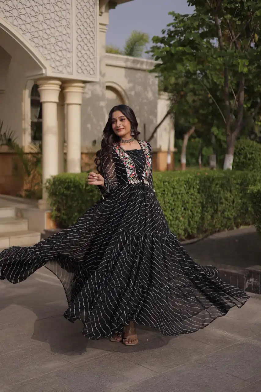 Shiny Black Faux Georgette Laheriya Print Work Gown - Image 3