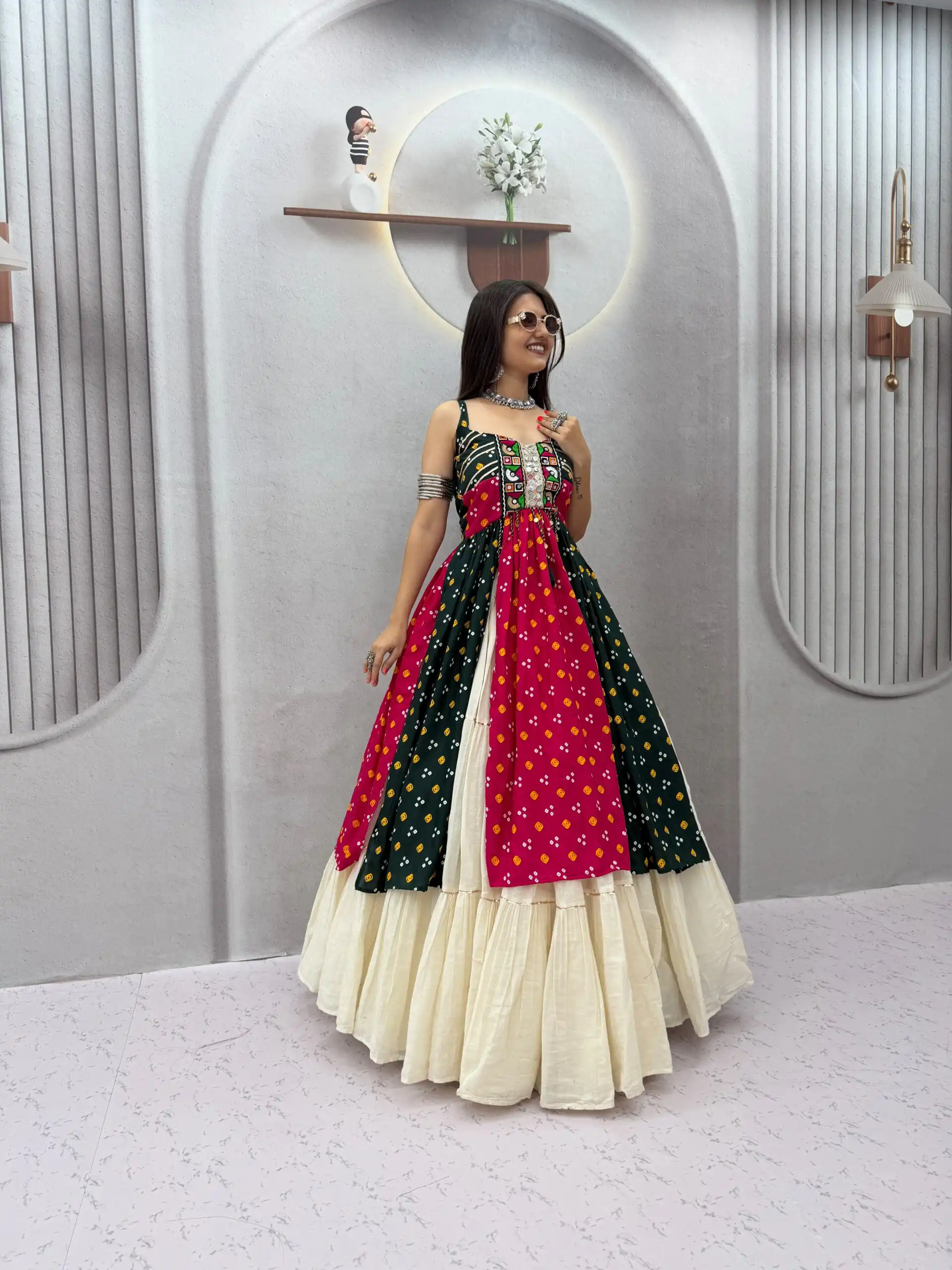 Shiny Black Khadi Cotton Bandhej Mirror Work Lehenga Choli - Image 6