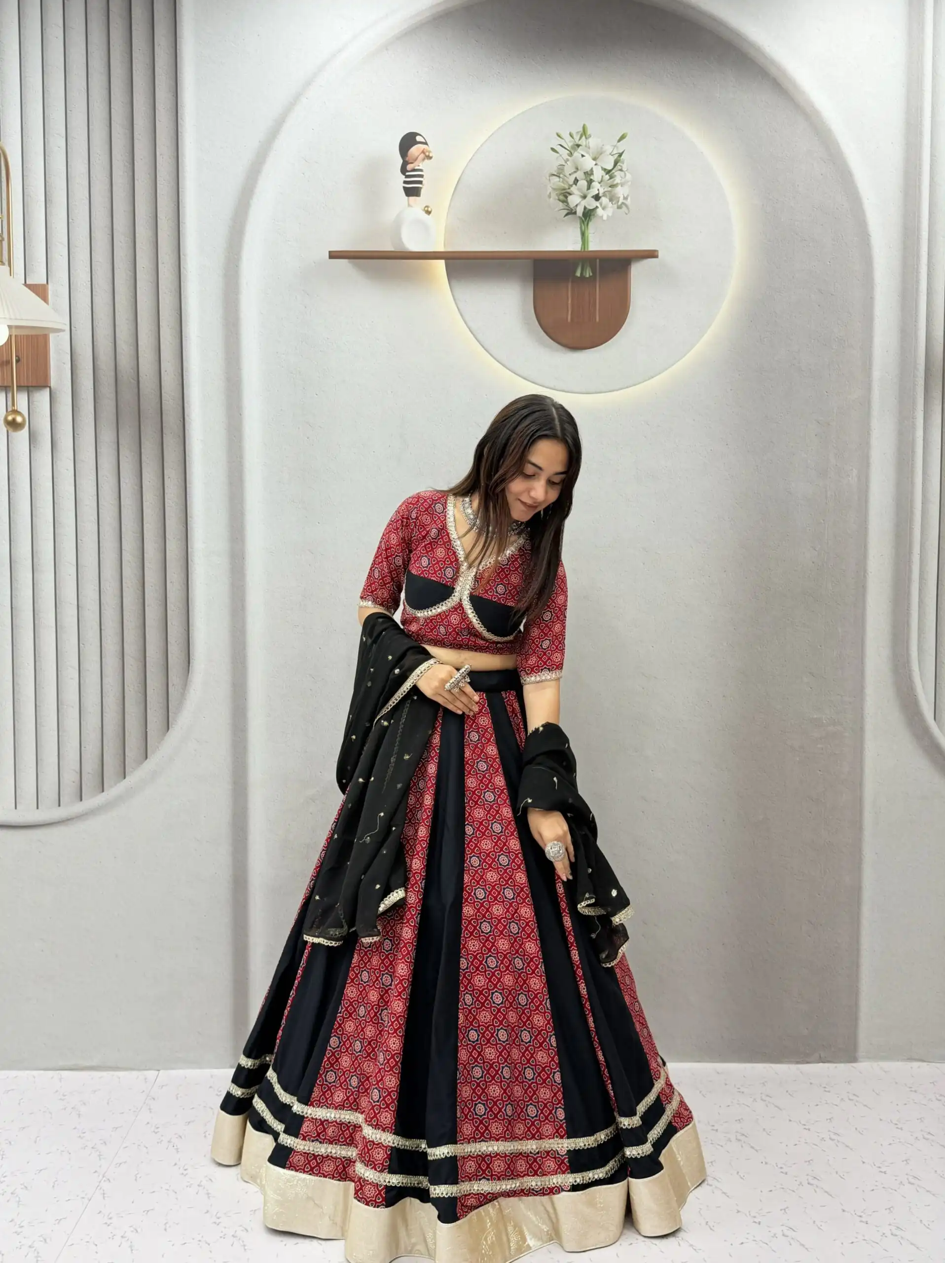 Shiny Black Pure Cotton Ajarak Print Work Lehenga Choli