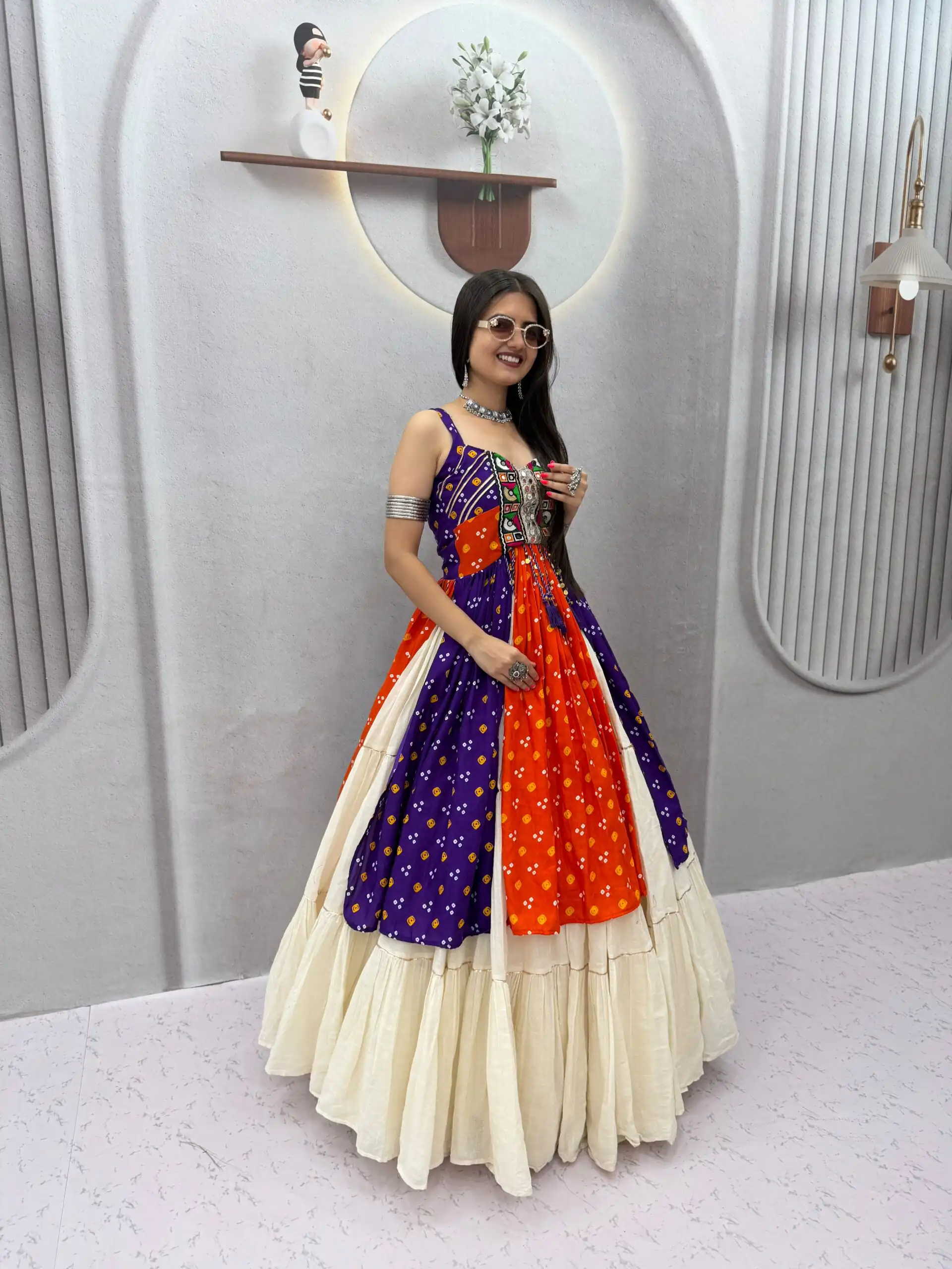 Shiny Orange Khadi Cotton Bandhej Mirror Work Lehenga Choli - Image 7
