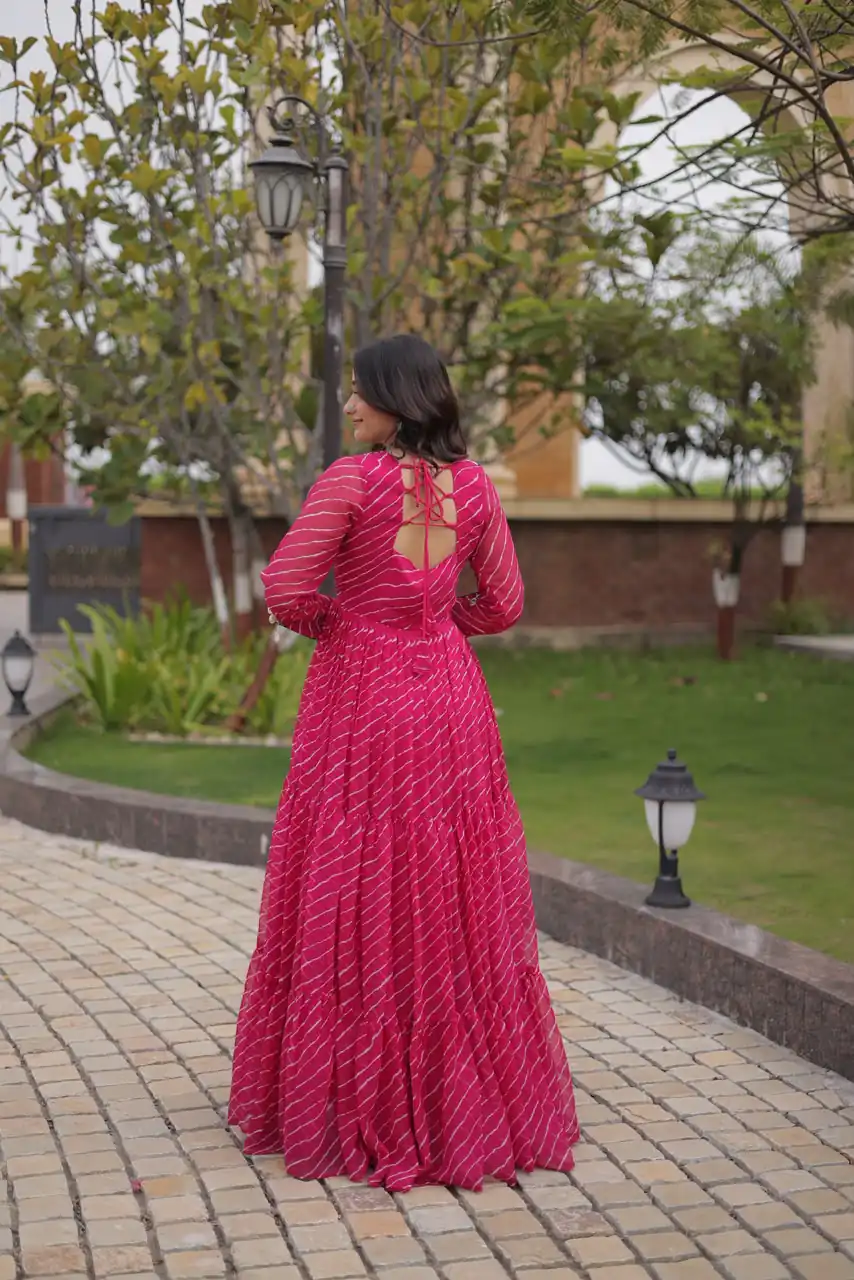 Shiny Pink Faux Georgette Laheriya Print Work Gown - Image 5