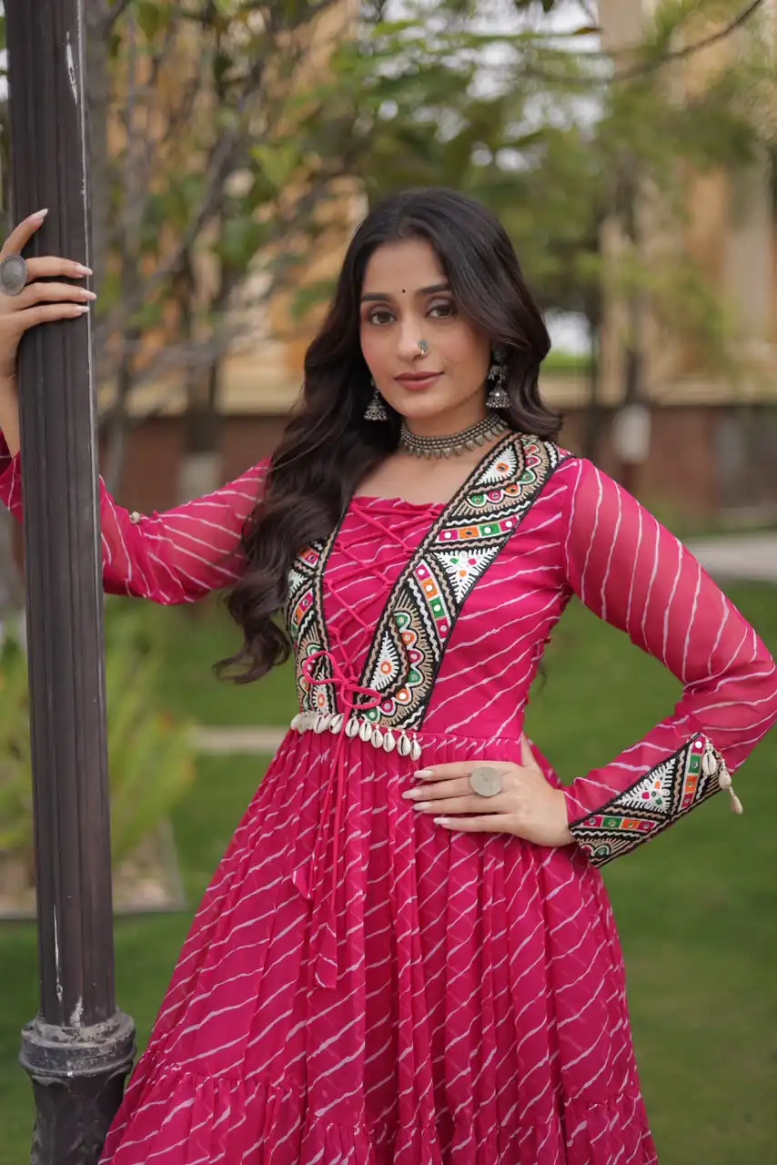 Shiny Pink Faux Georgette Laheriya Print Work Gown - Image 4