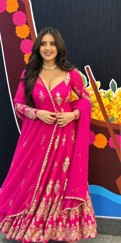 Shiny Pink Faux Georgette Sequins Work Gown