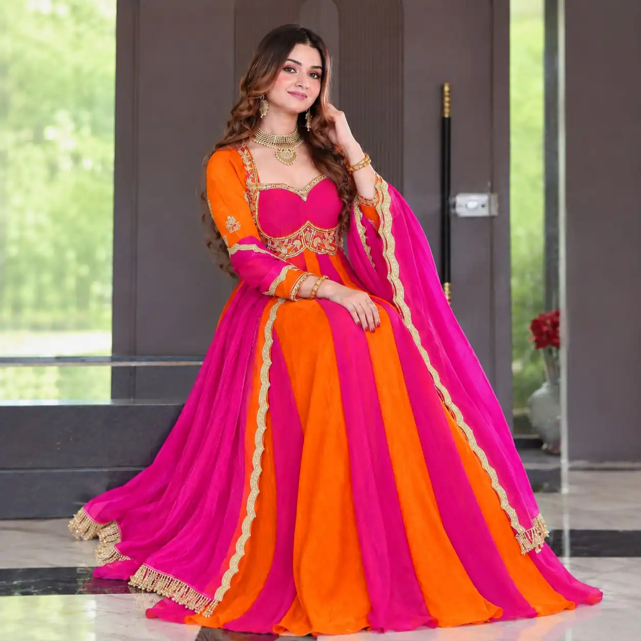 Shiny Pink Fendy Silk Sequence Work Gown - Image 5