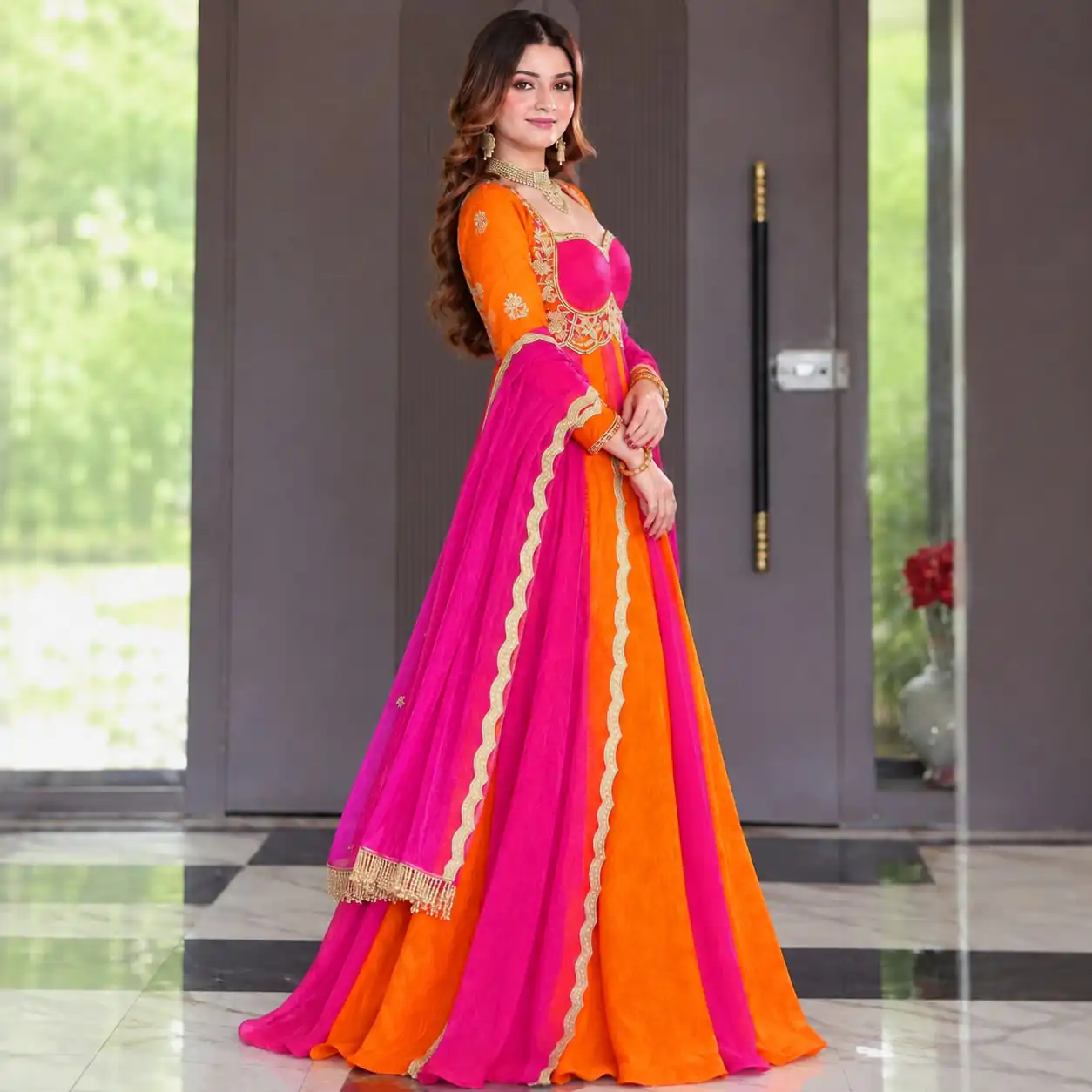 Shiny Pink Fendy Silk Sequence Work Gown - Image 4