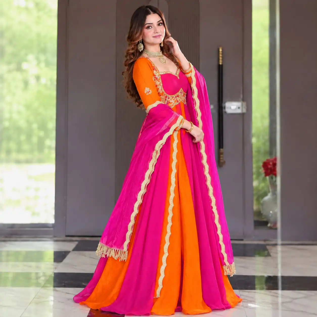 Shiny Pink Fendy Silk Sequence Work Gown - Image 3