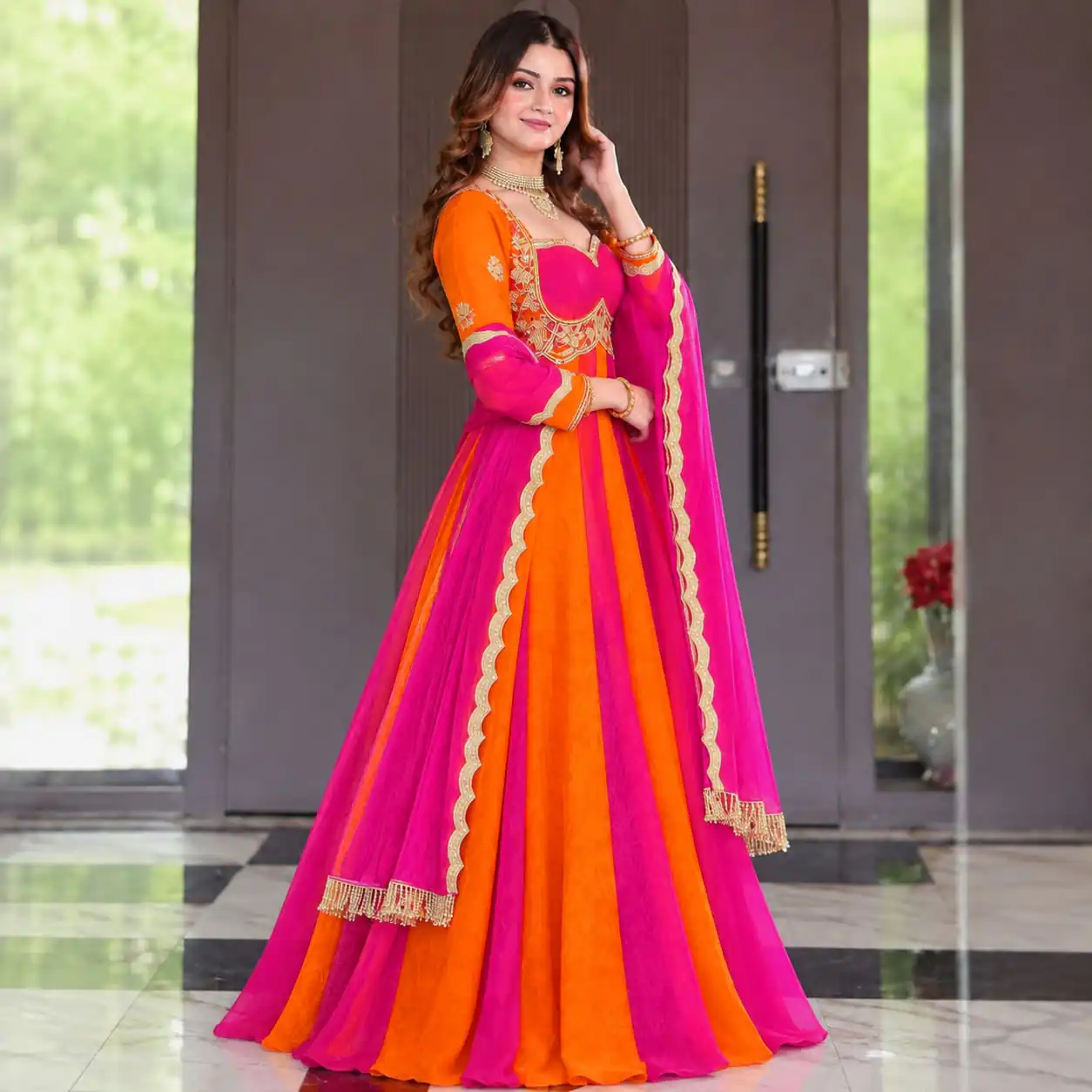 Shiny Pink Fendy Silk Sequence Work Gown - Image 2