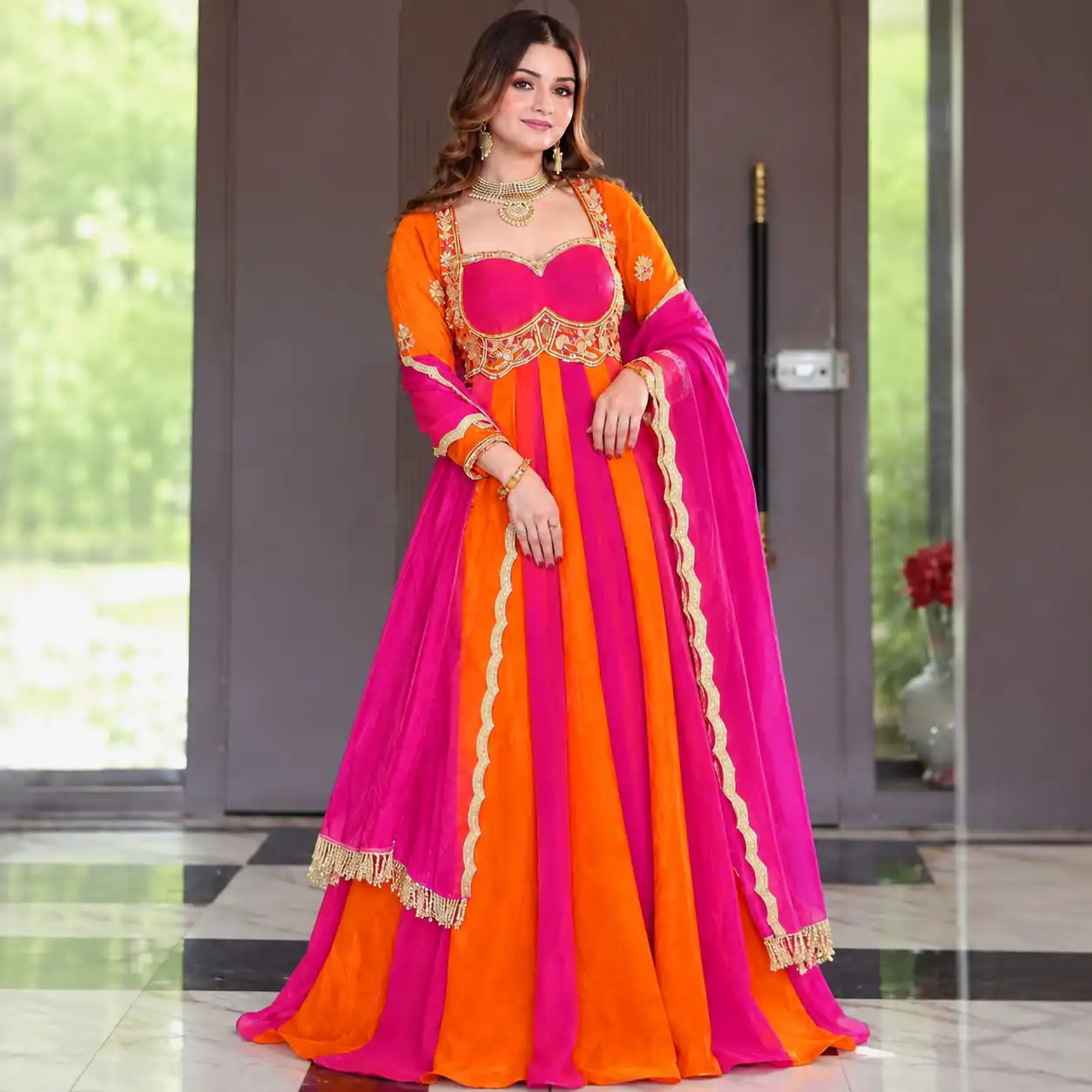 Shiny Pink Fendy Silk Sequence Work Gown