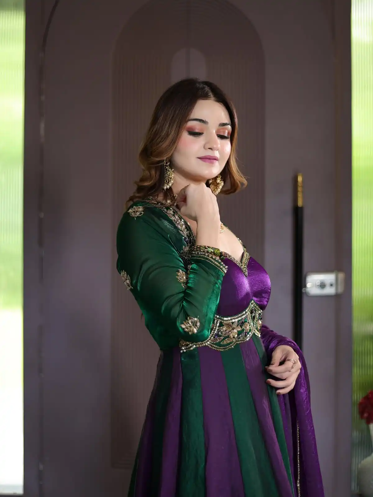 Shiny Purple Fendy Silk Sequence Work Gown - Image 3