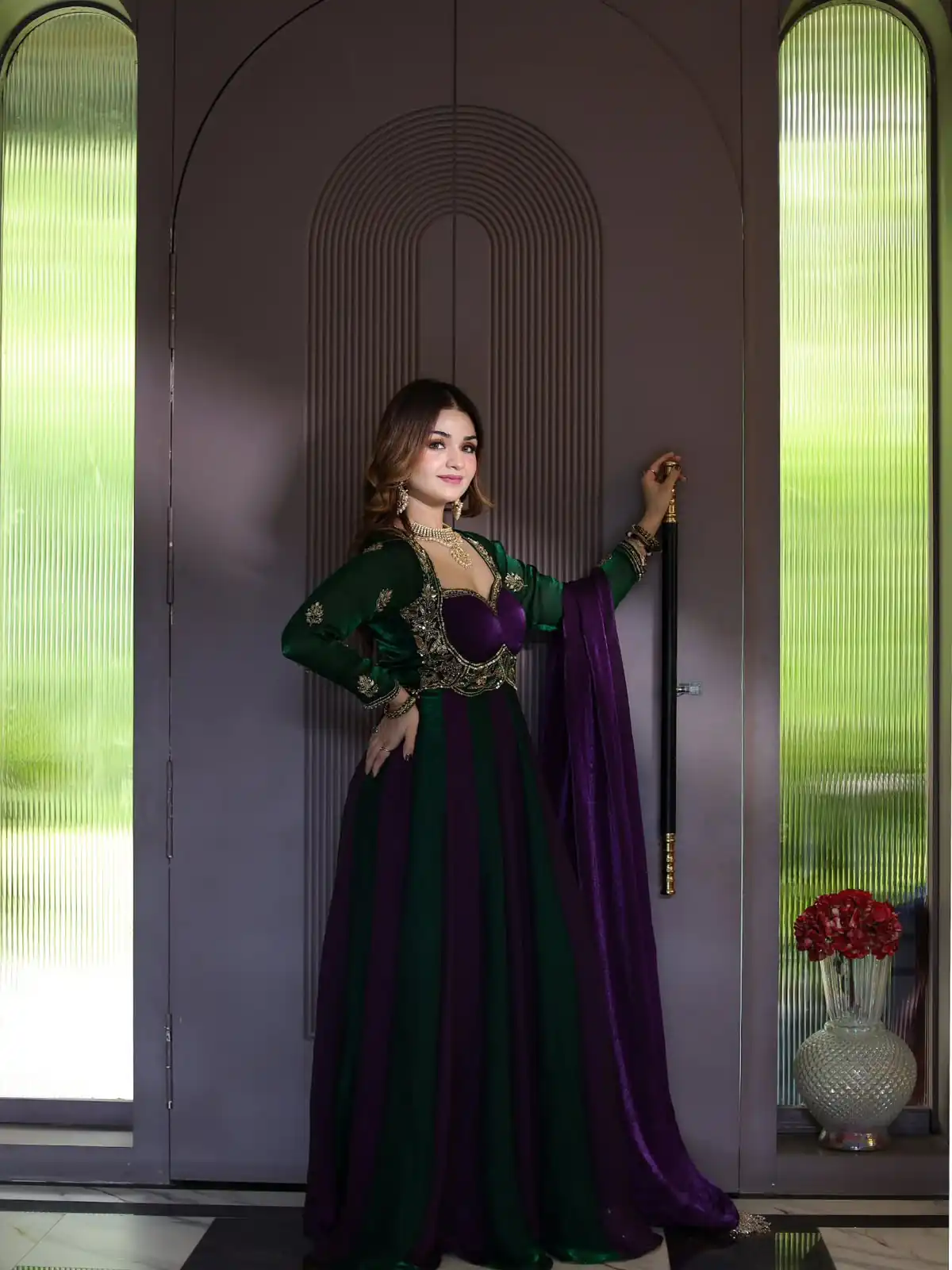 Shiny Purple Fendy Silk Sequence Work Gown - Image 2