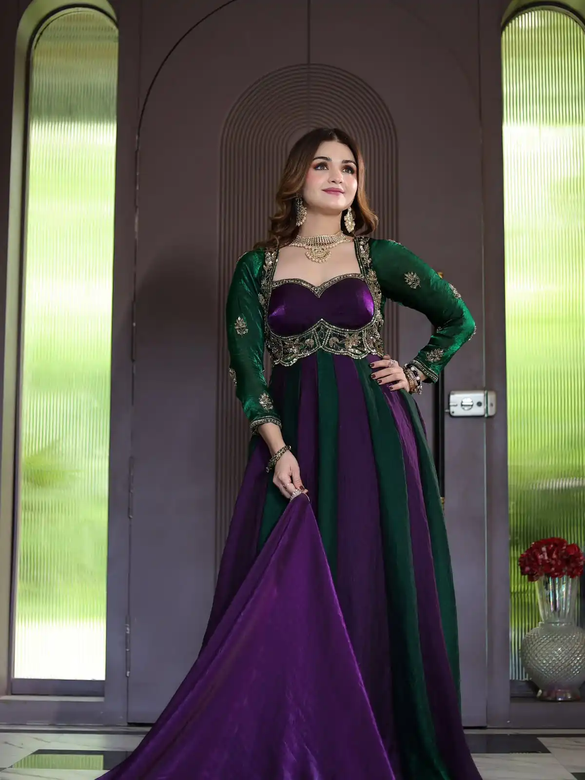 Shiny Purple Fendy Silk Sequence Work Gown