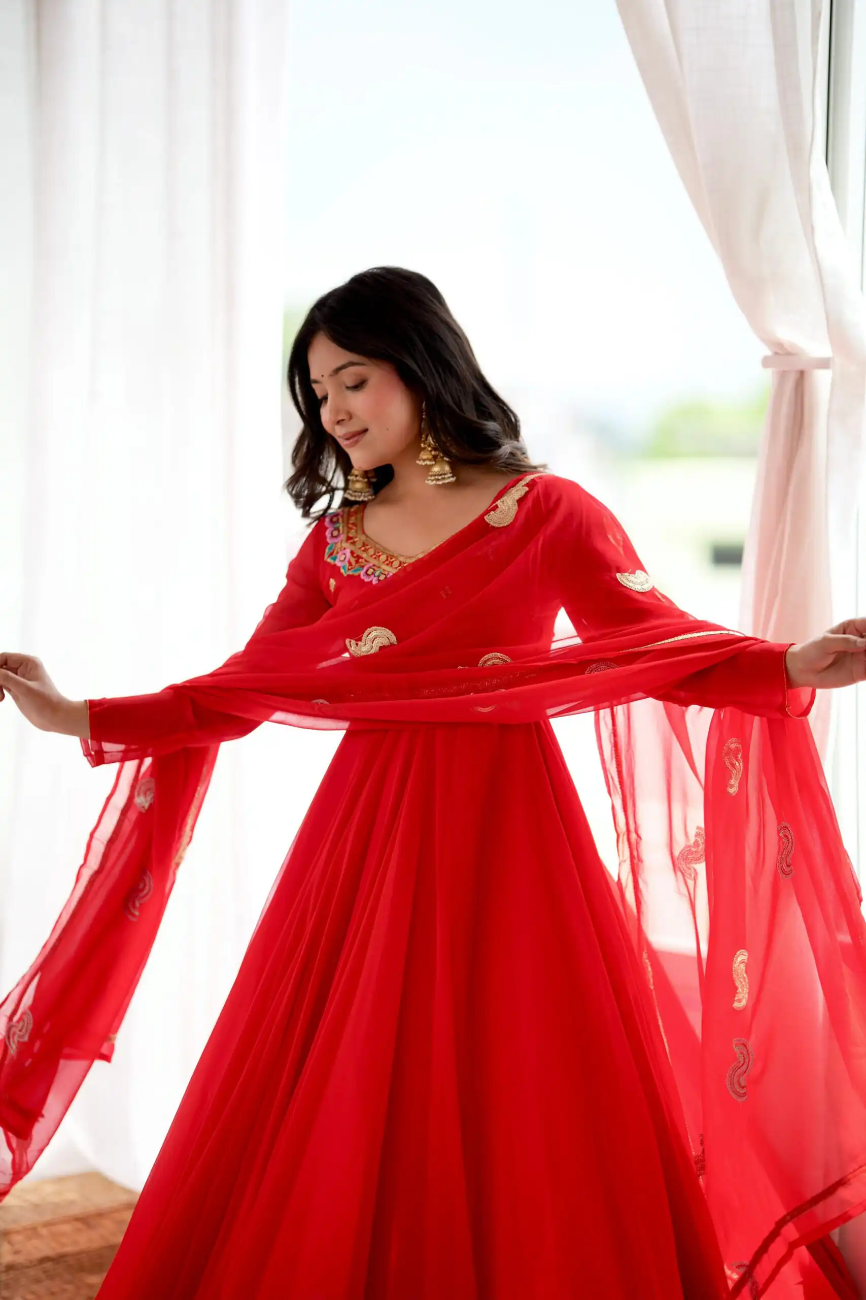 Shiny Red Faux Georgette Sequins Work Gown - Image 8