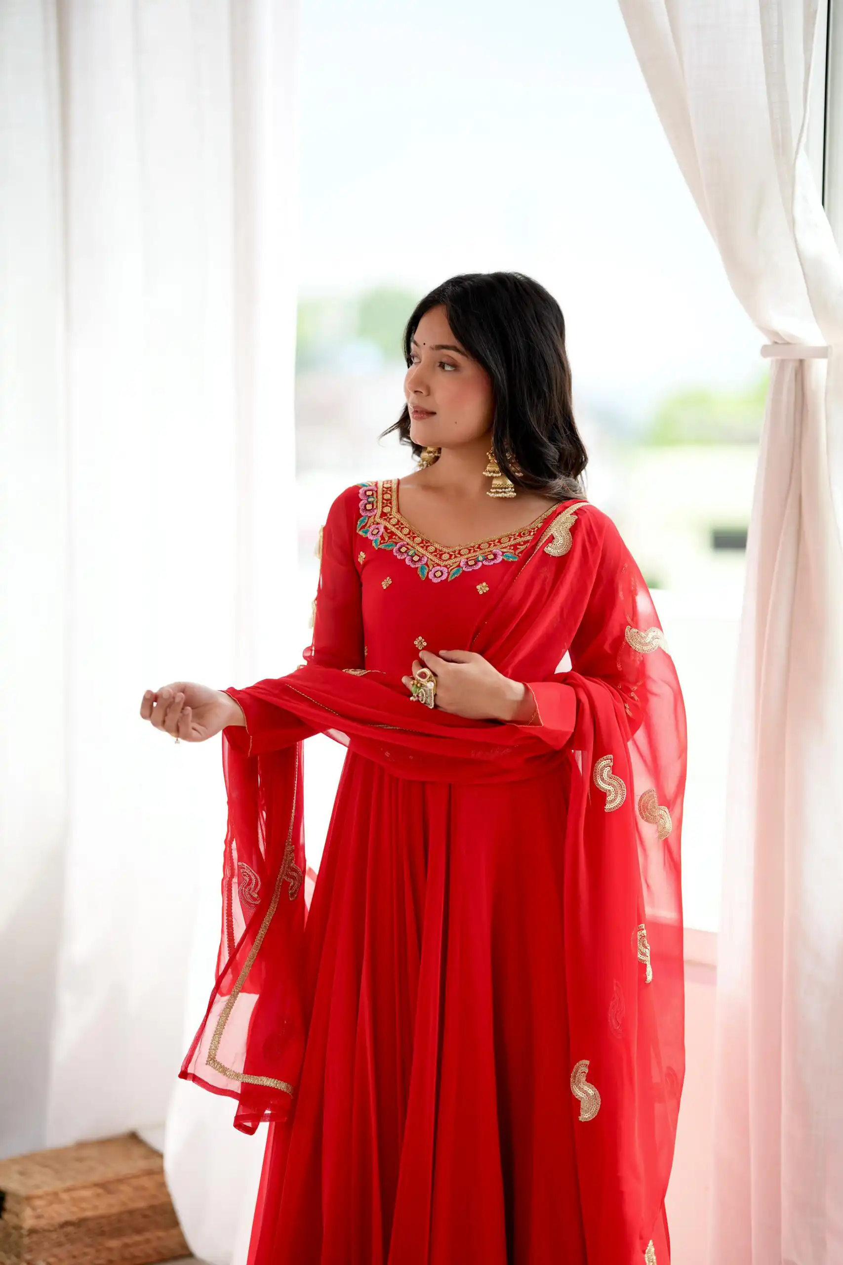 Shiny Red Faux Georgette Sequins Work Gown - Image 6