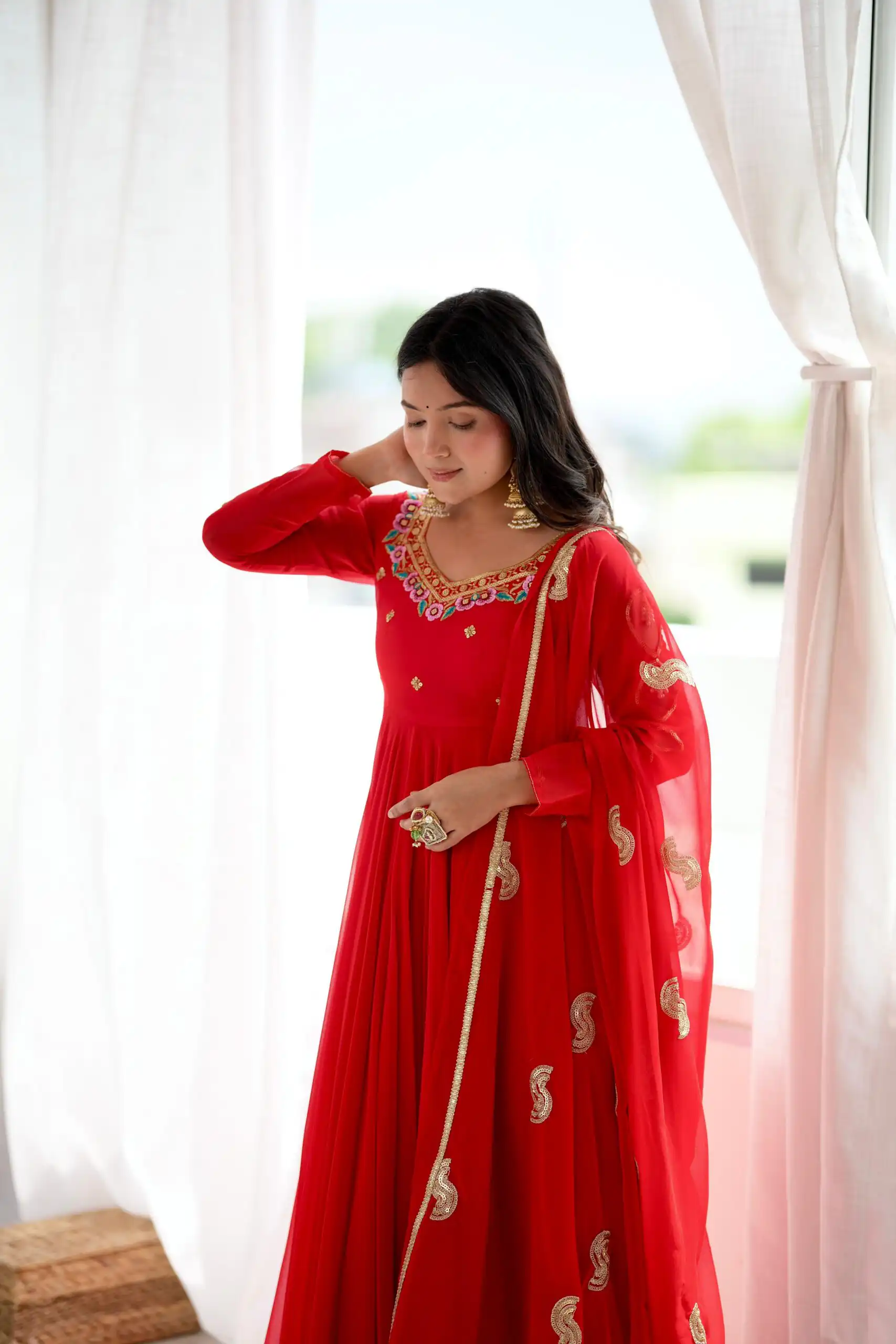 Shiny Red Faux Georgette Sequins Work Gown - Image 4