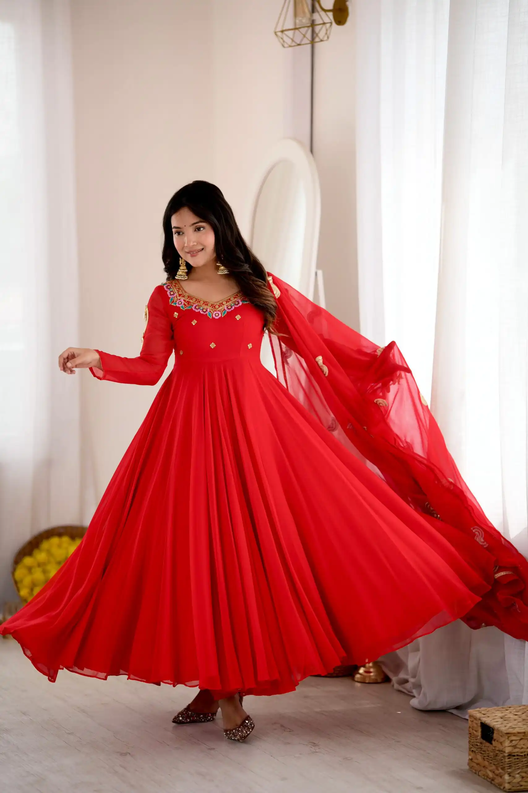 Shiny Red Faux Georgette Sequins Work Gown