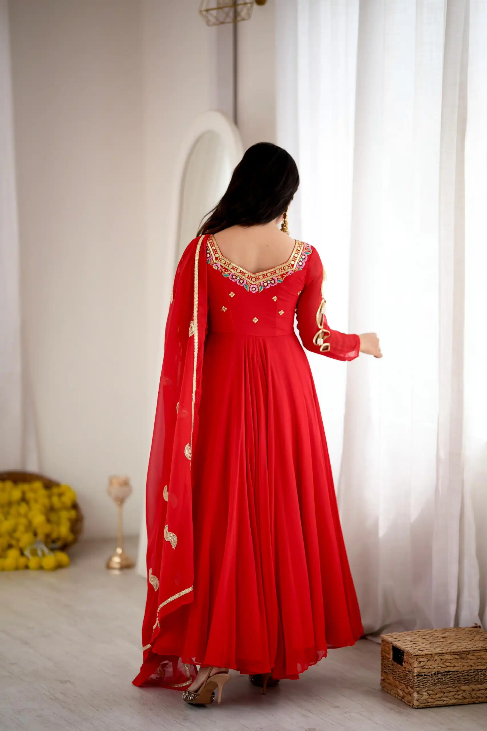 Shiny Red Faux Georgette Sequins Work Gown - Image 9