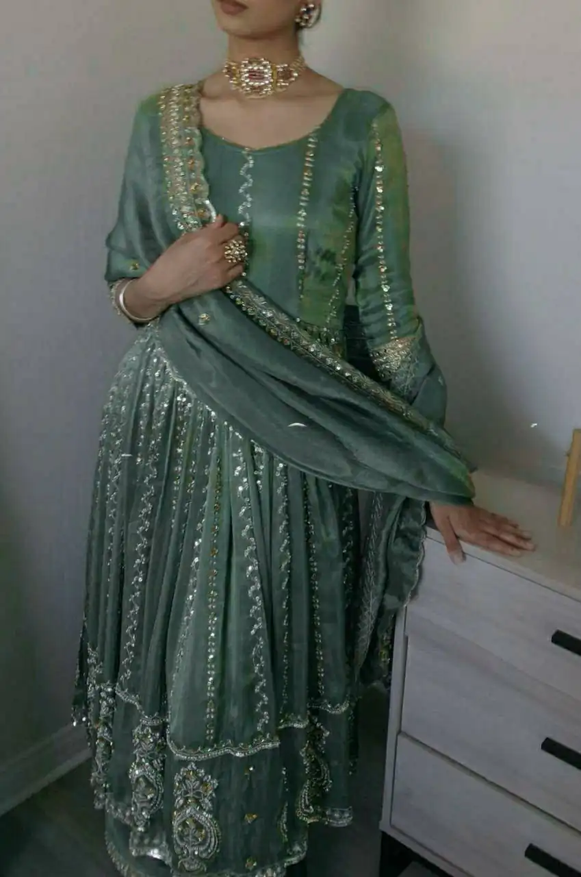 Shiny Teal Natural Crepe Sequence Work Salwar Suit - Image 4