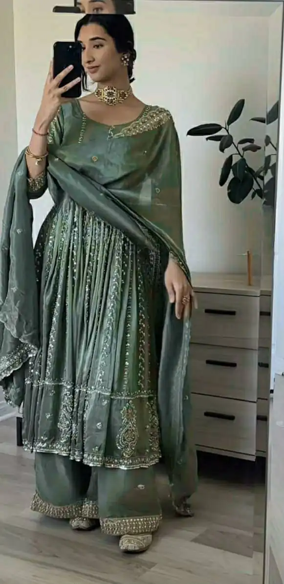 Shiny Teal Natural Crepe Sequence Work Salwar Suit - Image 3