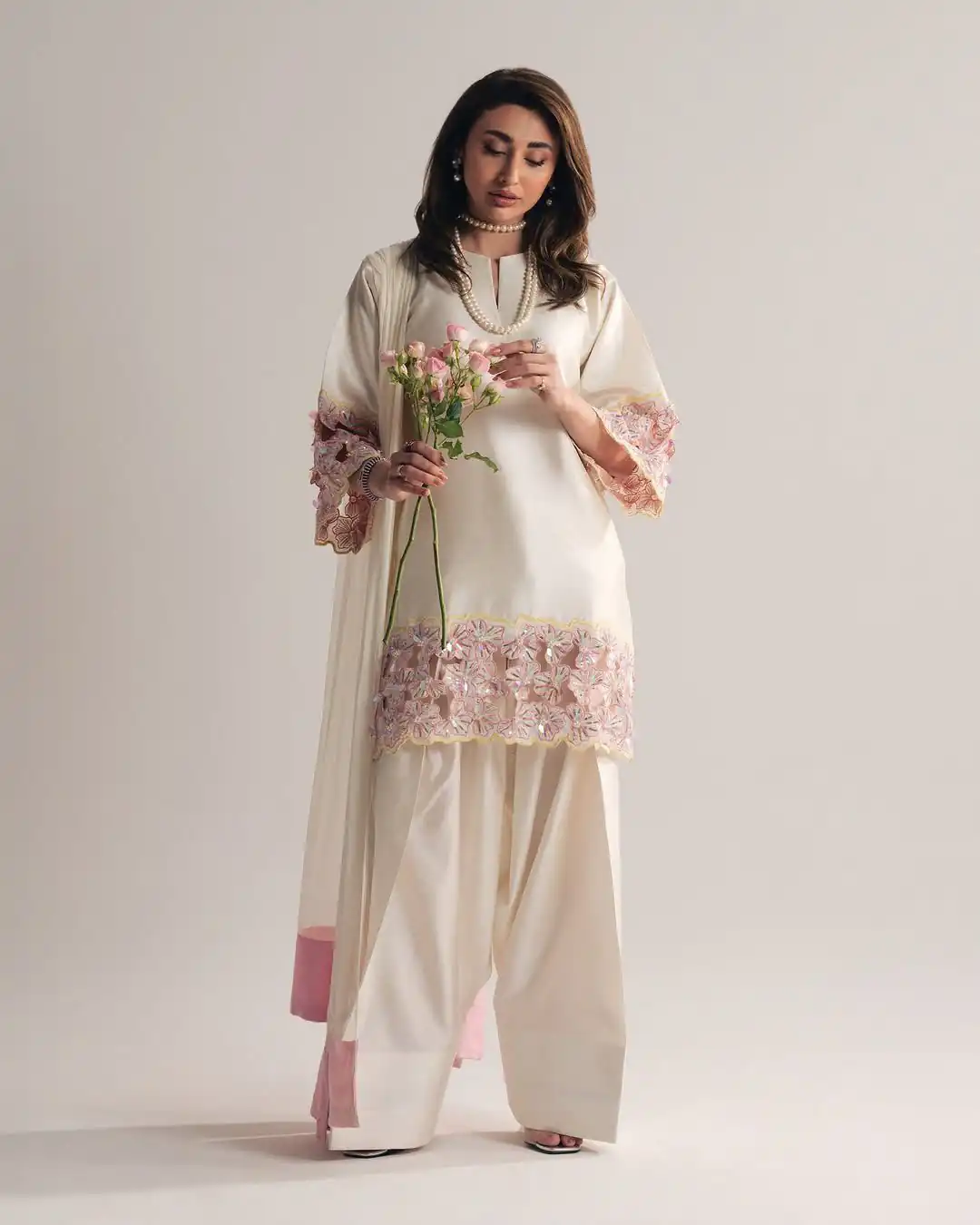 Shiny White Natural Crepe Sequence Work Salwar Suit