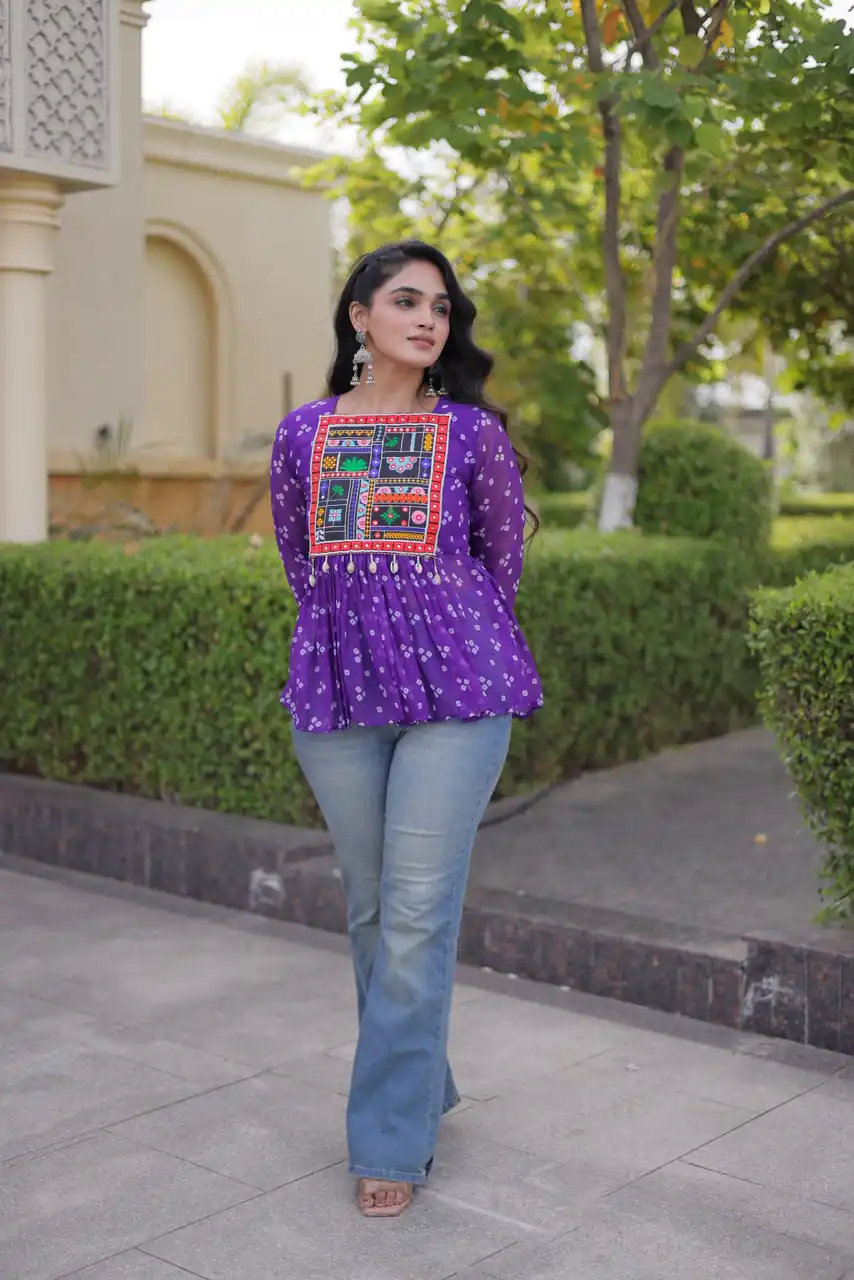 Solid Purple Faux Georgette Gamthi Bandhni Work Kurti - Image 3