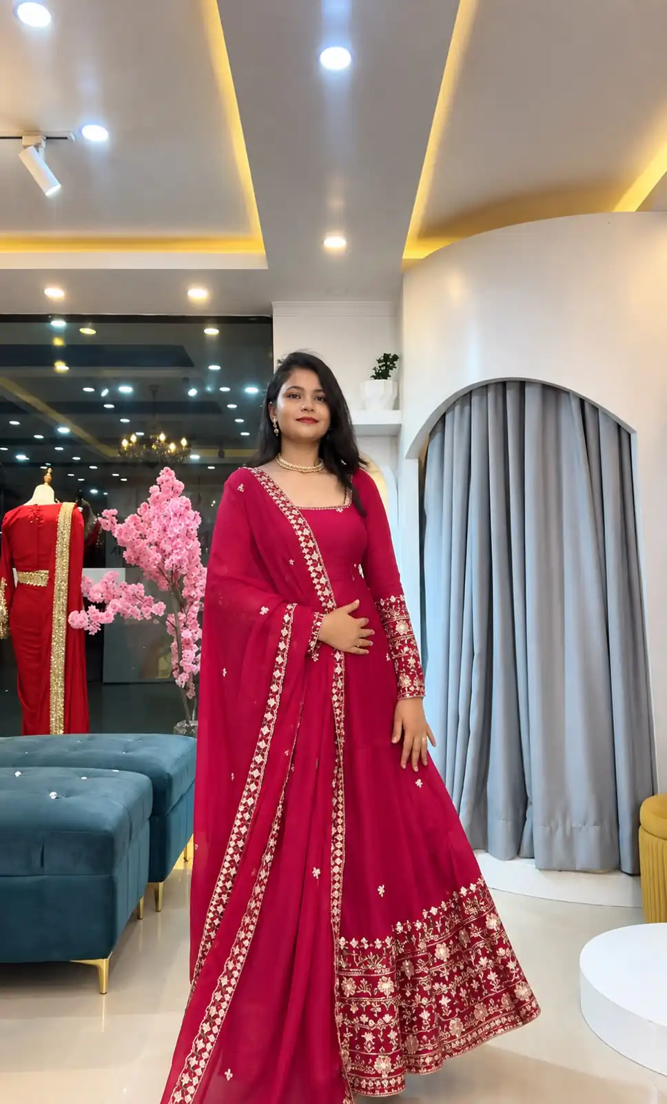 Stunning Pink Crunchy Silk Embroidery Work Gown - Image 3