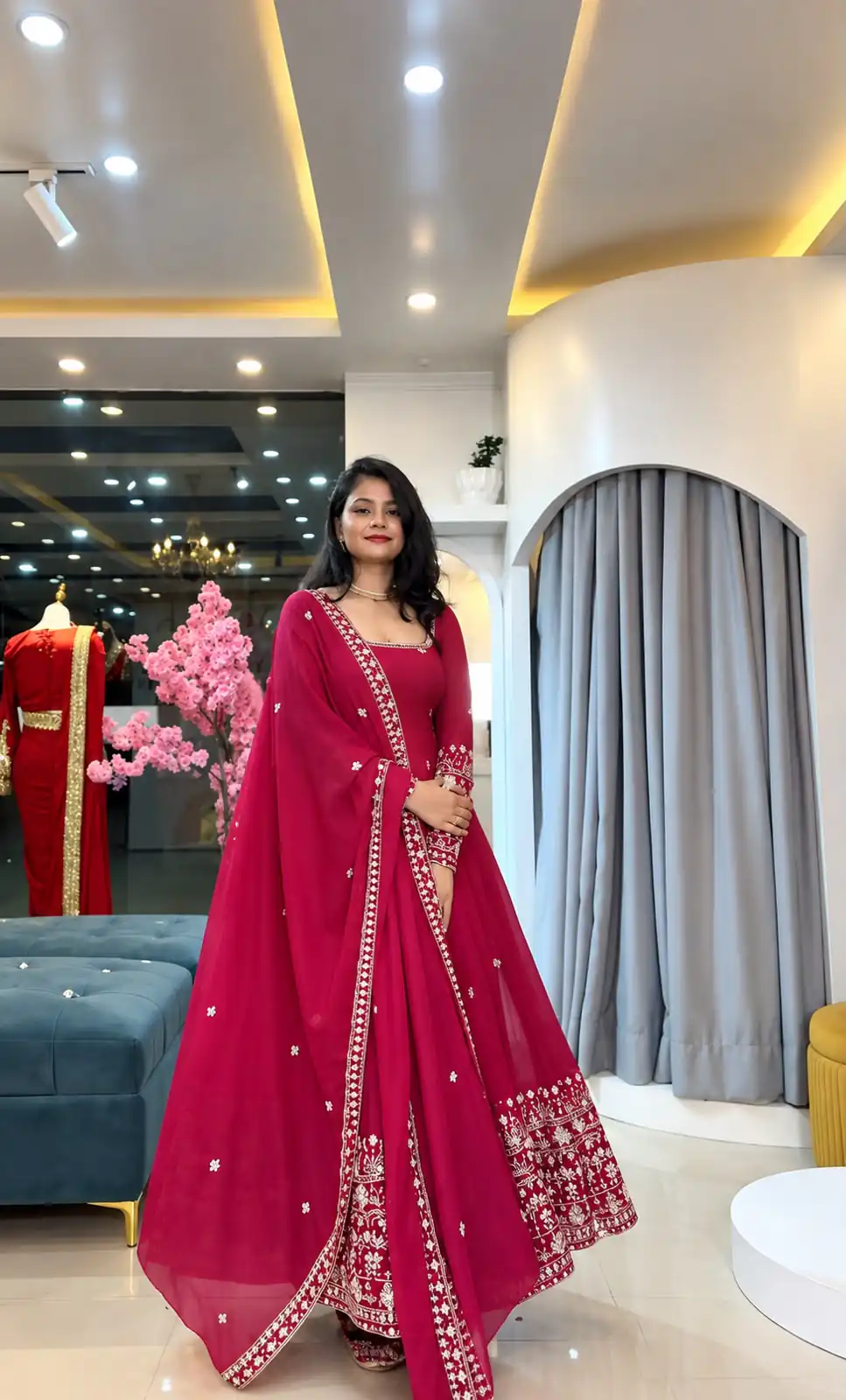 Stunning Pink Crunchy Silk Embroidery Work Gown