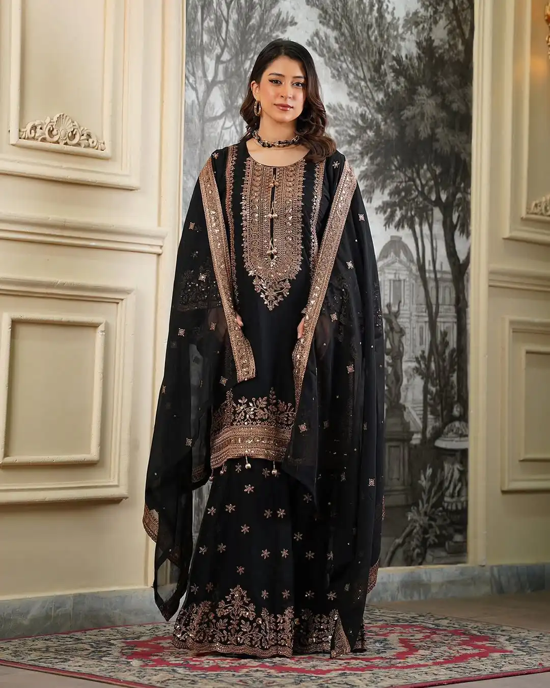 Super Black Fendy Silk Sequins Work Salwar Suit - Image 7