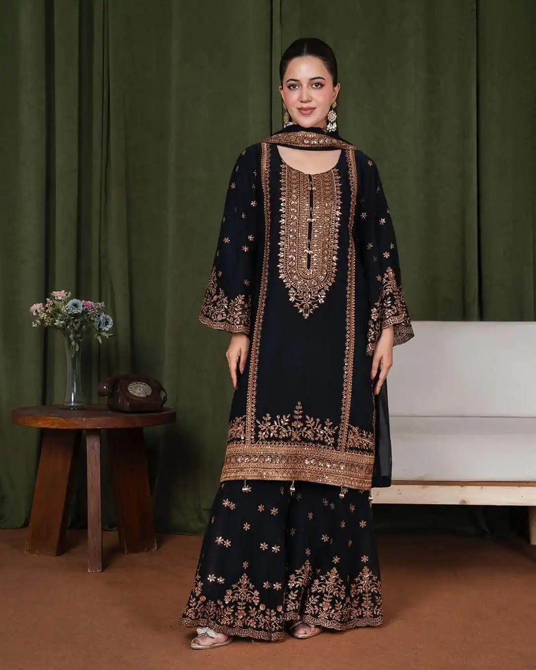 Super Black Fendy Silk Sequins Work Salwar Suit - Image 3