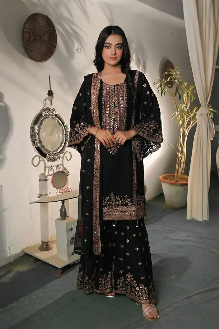Super Black Fendy Silk Sequins Work Salwar Suit