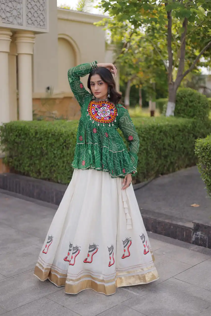 Super Green Kora Cotton Kutchi Gamthi Work Lehenga Choli