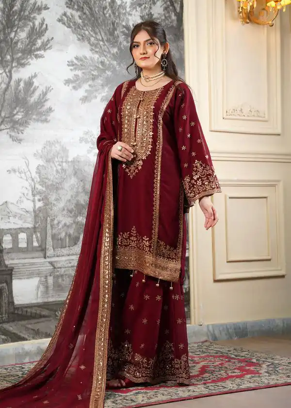 Super Maroon Fendy Silk Sequins Work Salwar Suit - Image 3