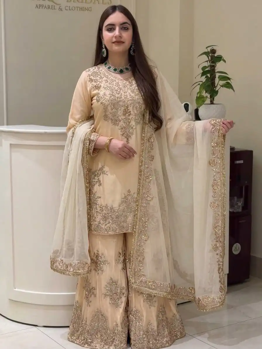 Super Off White Natural Silk Sequins Work Salwar Suit - Image 2