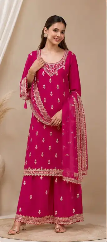 Super Pink Blooming ⁠Georgette Sequins Work Salwar Suit - Image 2