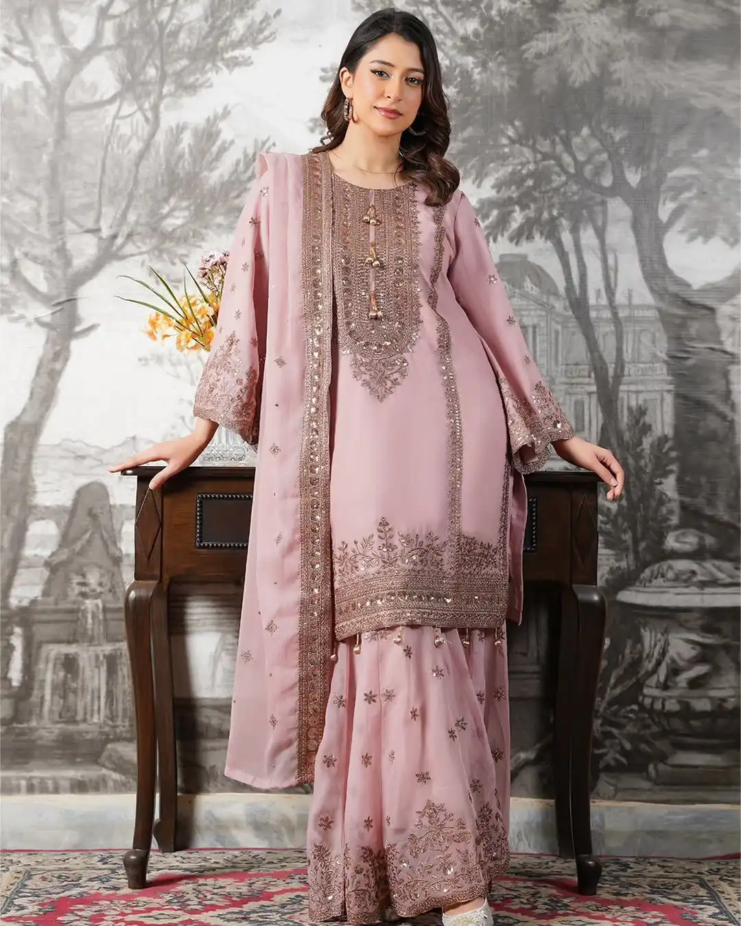 Super Pink Fendy Silk Sequins Work Salwar Suit - Image 2