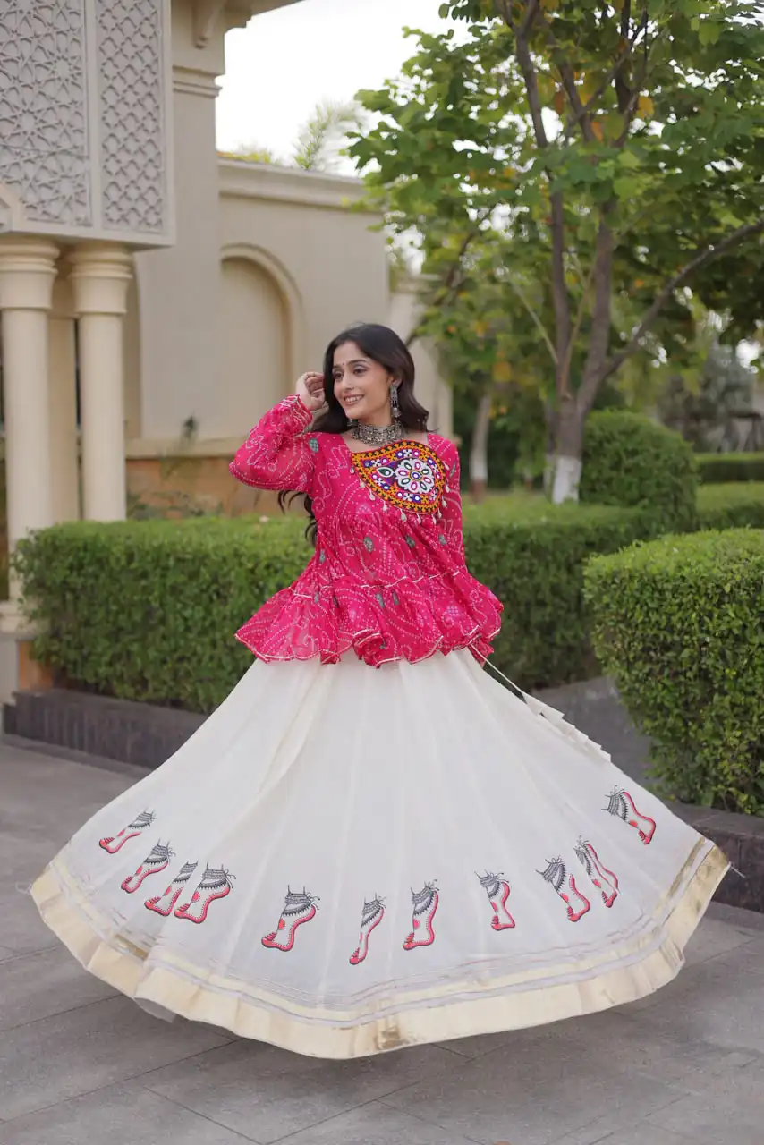 Super Pink Kora Cotton Kutchi Gamthi Work Lehenga Choli - Image 3