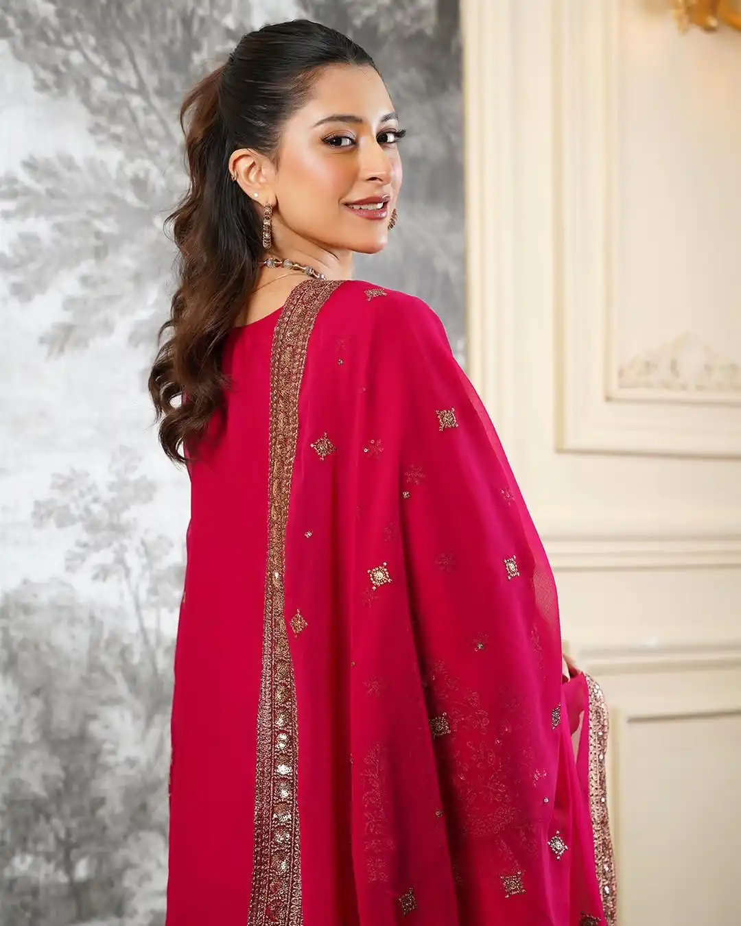 Super Red Fendy Silk Sequins Work Salwar Suit - Image 6