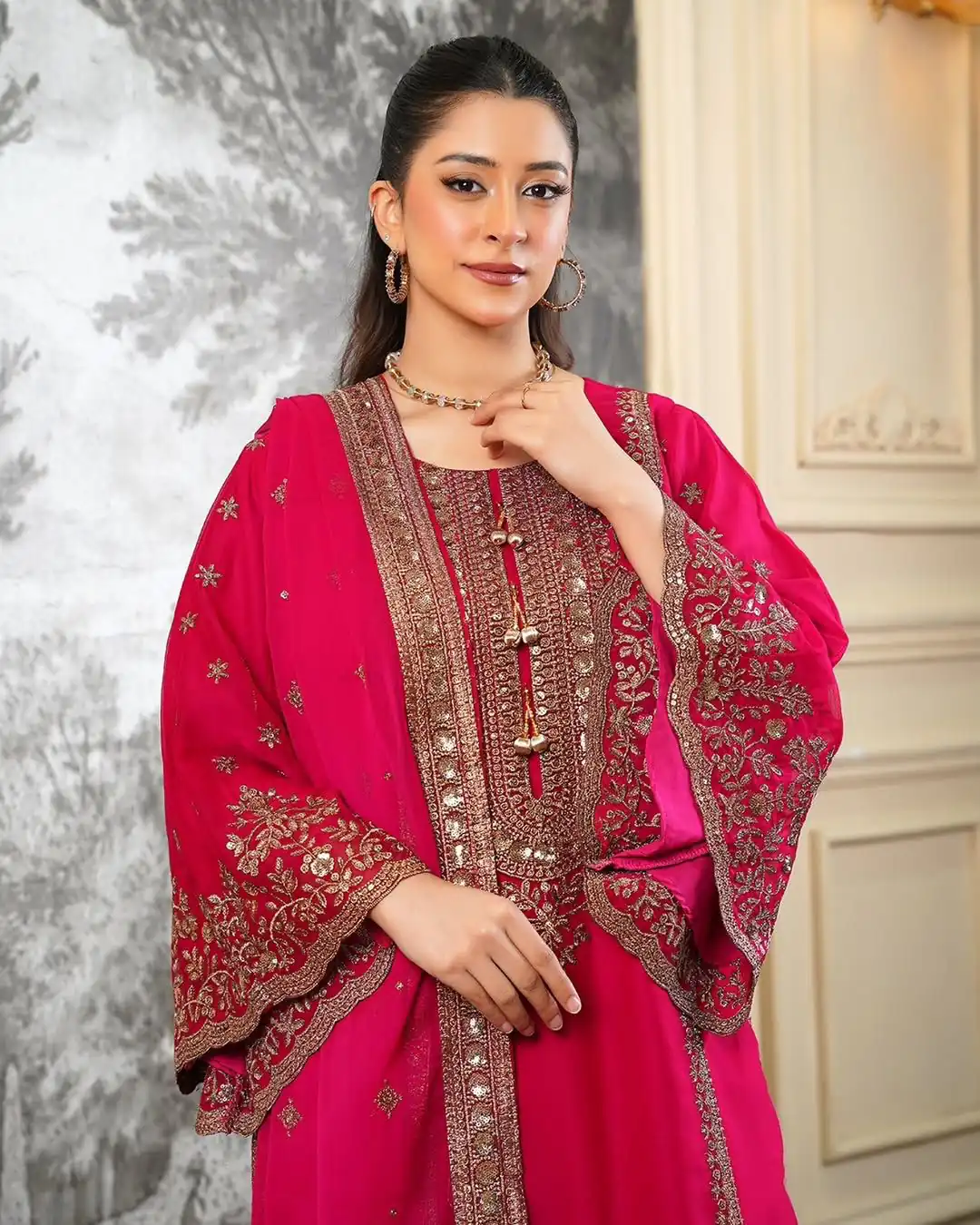 Super Red Fendy Silk Sequins Work Salwar Suit - Image 4