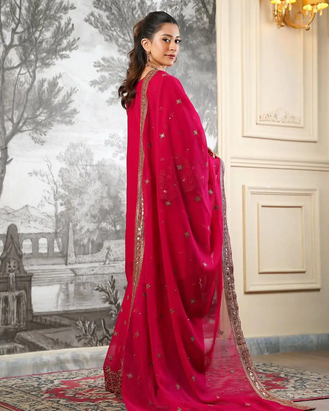 Super Red Fendy Silk Sequins Work Salwar Suit - Image 3