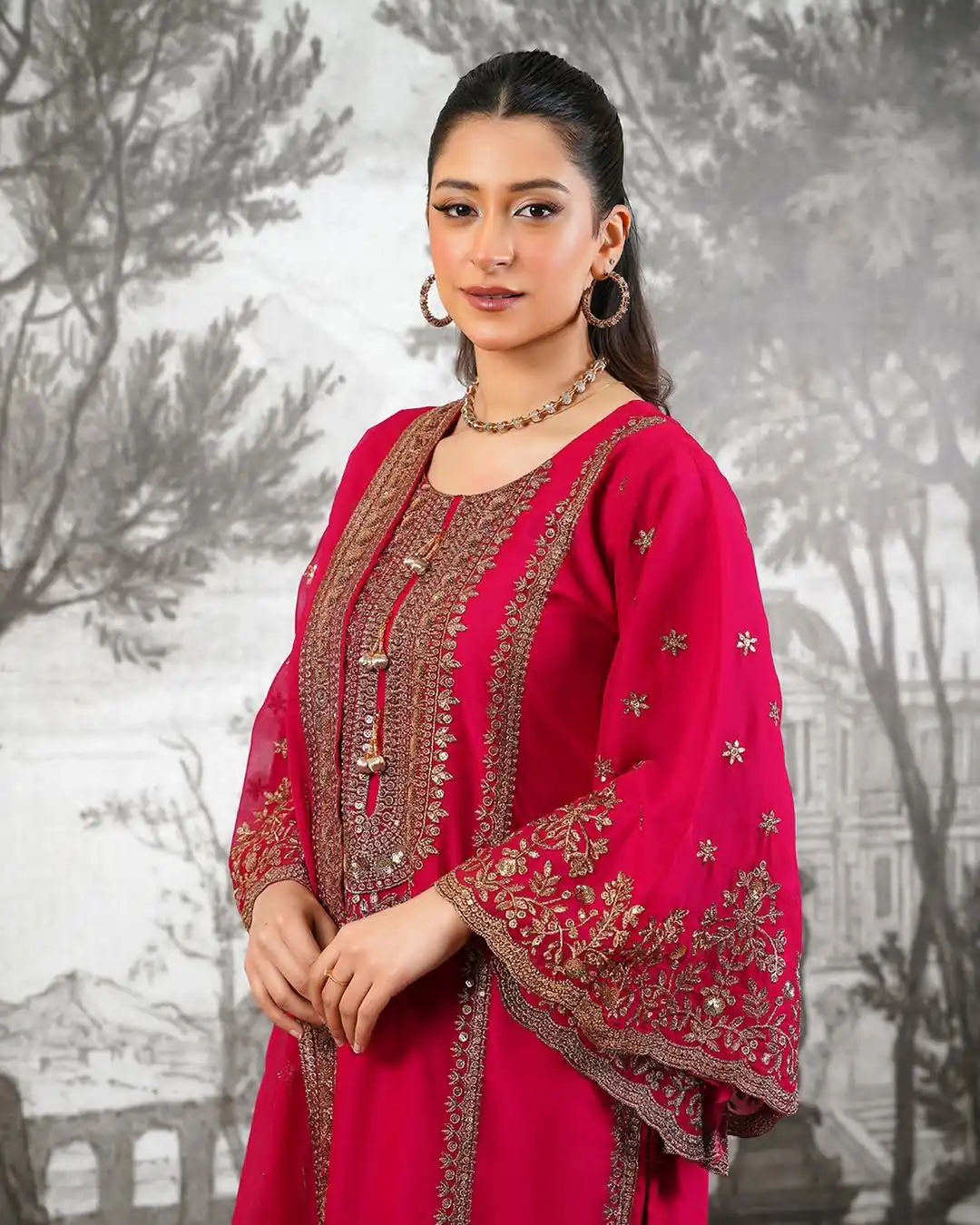 Super Red Fendy Silk Sequins Work Salwar Suit