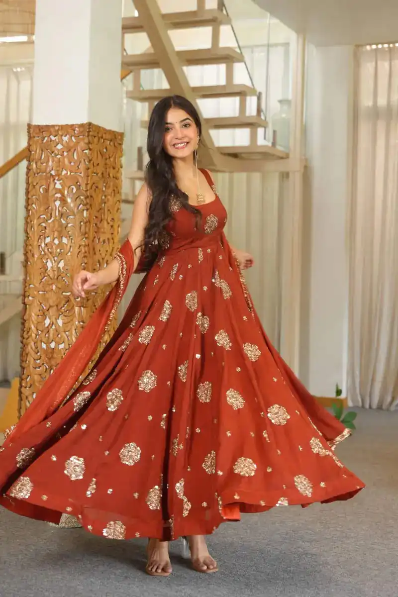 Super Rust Karishma Silk Lace Sequins Work Anarkali Suit - Image 3