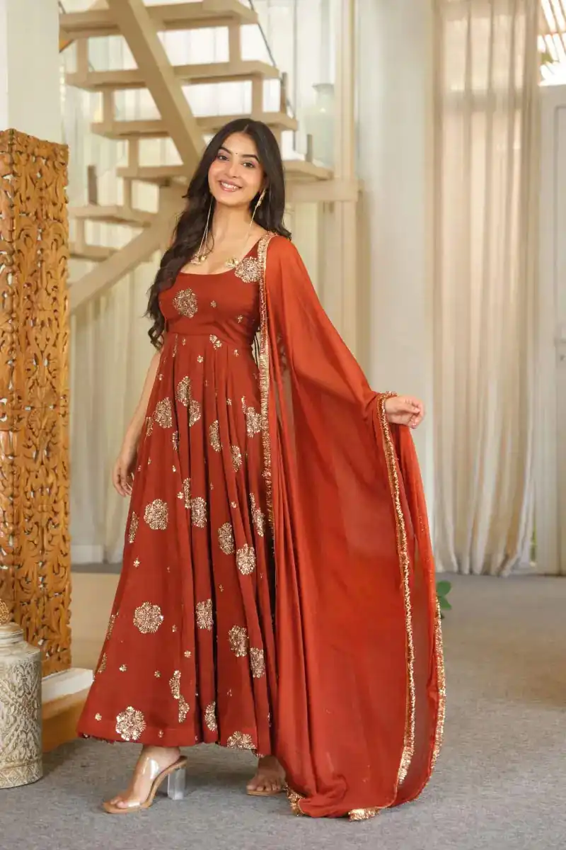 Super Rust Karishma Silk Lace Sequins Work Anarkali Suit - Image 2