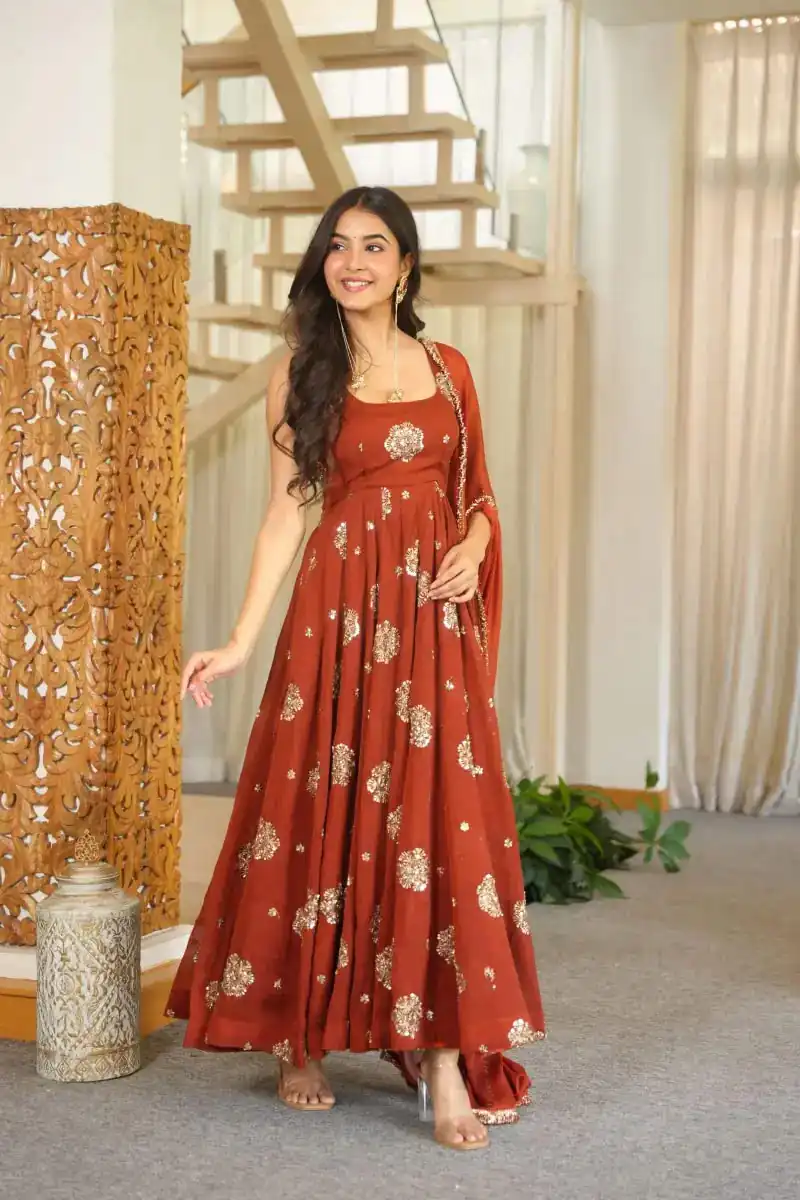 Super Rust Karishma Silk Lace Sequins Work Anarkali Suit