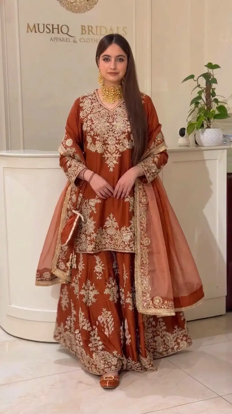 Super Rust Natural Silk Sequins Work Salwar Suit