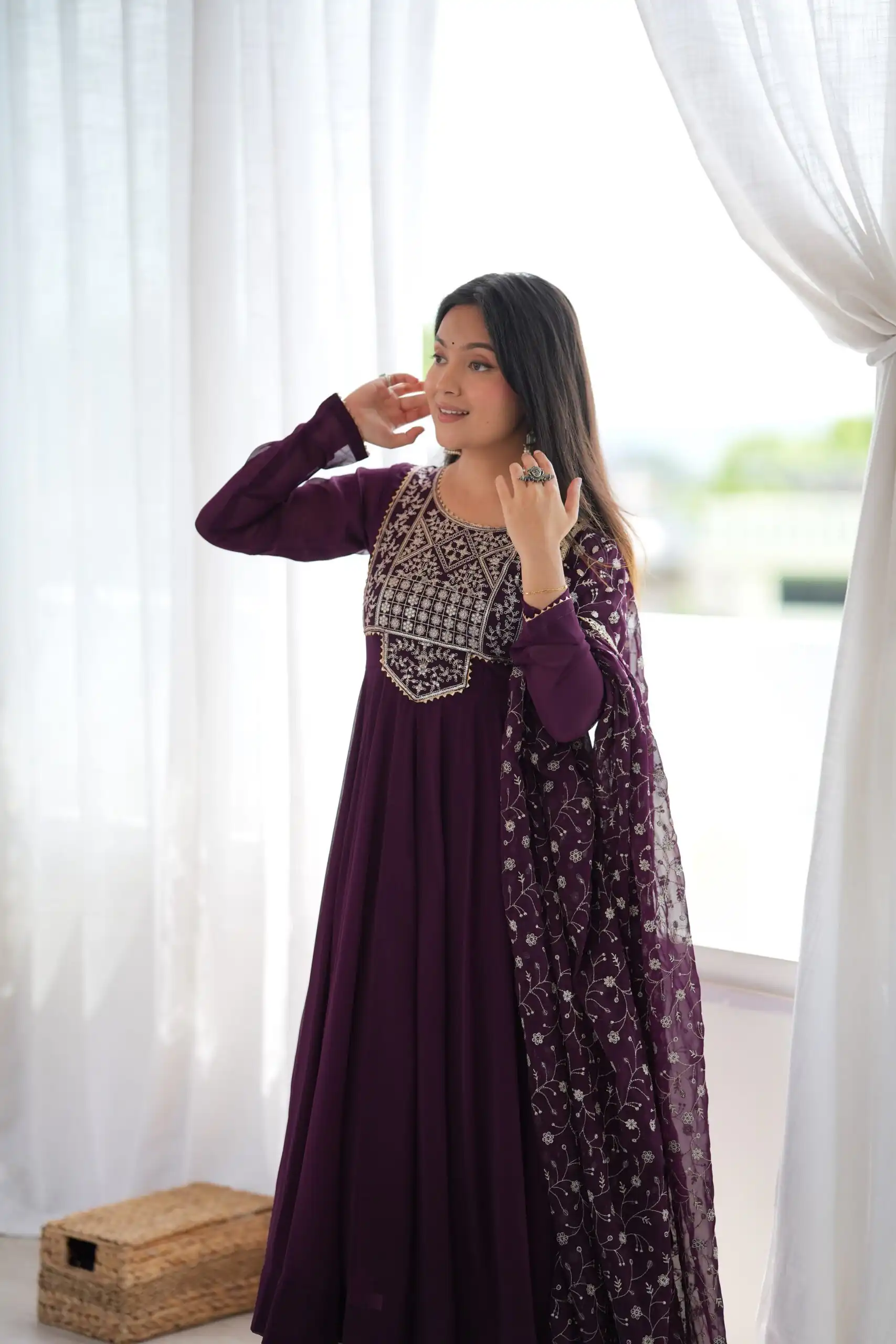Super Wine Blooming Faux Georgette Embroider Work Anarkali Suit - Image 7