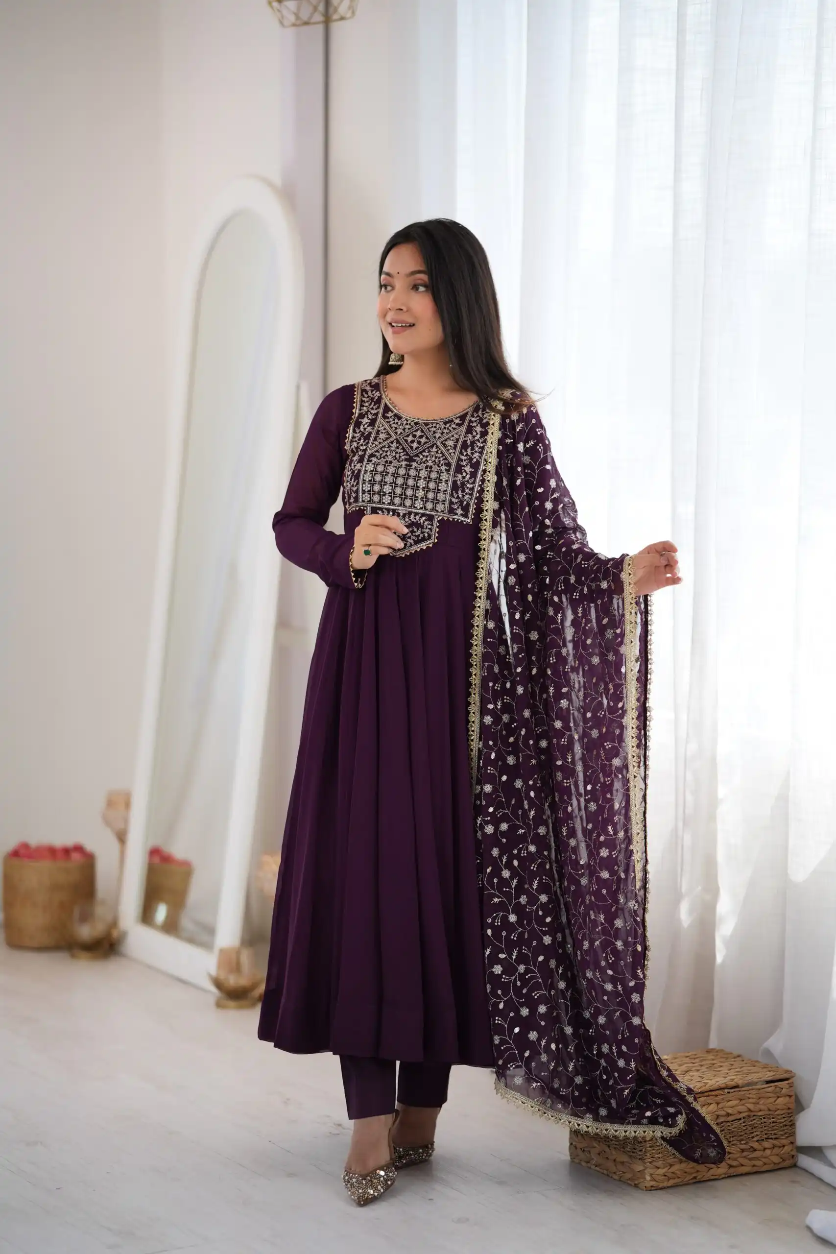 Super Wine Blooming Faux Georgette Embroider Work Anarkali Suit - Image 5